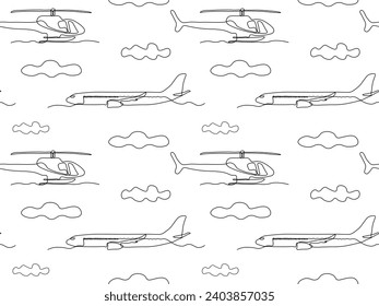 Patrón ininterrumpido en blanco y negro con aviones y helicópteros y nubes, esbozo continuo de dibujo manual de una línea