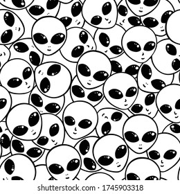 Black and white seamless pattern with aliens