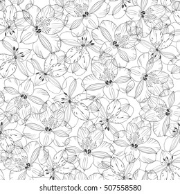 Black and white seamless pattern with alstromeria flowers.
