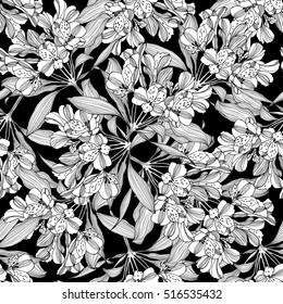 Black and white seamless pattern with alstromeria flowers.
