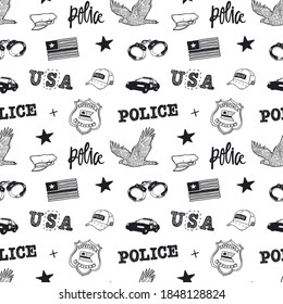 Black and white seamless pattern with American flag, eagle, police car for textiles. Background with US Police flag for t-shirt design, wrapping paper. Illustration for American holiday, lettering.