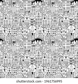 Black and white Seamless pattern with Amsterdam canal and typical dutch houses, Holland, Netherlands.