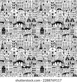 Black and white Seamless pattern with Amsterdam canal and typical dutch houses, Holland, Netherlands.