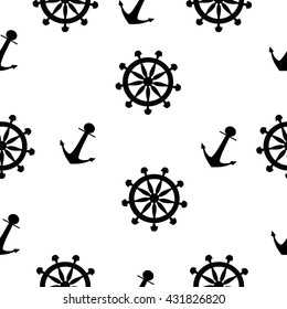 black and white seamless pattern with anchor and helm