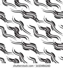 black and white seamless pattern animalistic hand-drawn with abstract brushes black strokes in a chaotic order that wrap themselves in a swirl. Print for fashion fabric