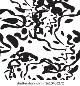 black and white seamless pattern animalistic hand-drawn with abstract brushes black strokes in a chaotic order that wrap themselves in a swirl. Print for fashion fabric