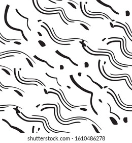 black and white seamless pattern animalistic hand-drawn with abstract brushes black strokes in a chaotic order that wrap themselves in a swirl. Print for fashion fabric