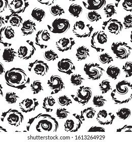 black and white seamless pattern animalistic hand-drawn with abstract brushes black strokes in a chaotic order that wrap themselves in a swirl. Print for fashion fabric