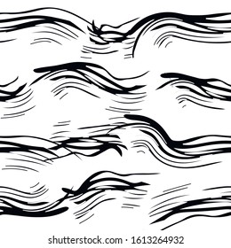 black and white seamless pattern animalistic hand-drawn with abstract brushes black strokes in a chaotic order that wrap themselves in a swirl. Print for fashion fabric