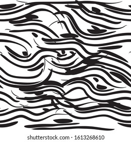 black and white seamless pattern animalistic hand-drawn with abstract brushes black strokes in a chaotic order that wrap themselves in a swirl. Print for fashion fabric
