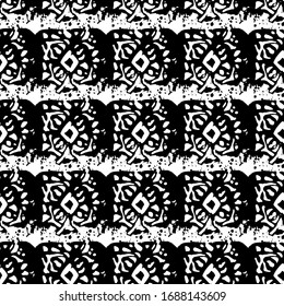 black and white seamless pattern, animalistic, hand-drawn, with abstract brushes. Black strokes are chaotic - an illusion in a column like honeycombs, suitable for printing on fabric and various ornam