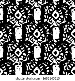 black and white seamless pattern, animalistic, hand-drawn, with abstract brushes. Black strokes are chaotic - an illusion in a column like honeycombs, suitable for printing on fabric and various ornam