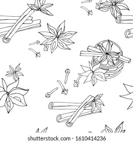 Black and white seamless pattern of anise stars and cinnamon. Vector hand-drawn illustration for fabric, tile, paper.