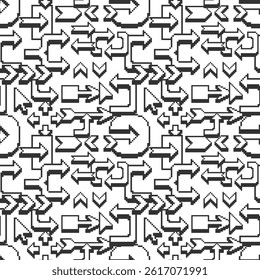 Black and white seamless pattern of arrows pointers in pixel style