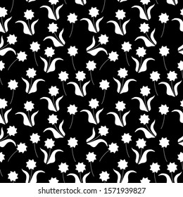 Black and White seamless pattern. autumn leaf background. Cute backdrop. Dark Background. Autumn Flowers Background. Seamless Pattern With Floral Motifs able to print for 