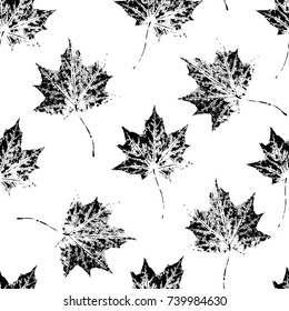 Black and white seamless pattern of autumn, fall maple leaves, hand made ink print, stamp, black and white vector illustration. Hand printed grunge seamless pattern of black and white maple leaves