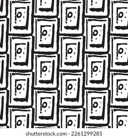 Black and white seamless pattern background made with rough geometric elements.