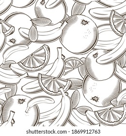 Black and white seamless pattern with bananas and oranges in vintage style