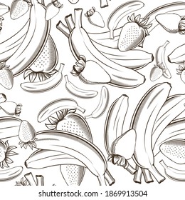 Black and white seamless pattern with bananas and strawberries in vintage style