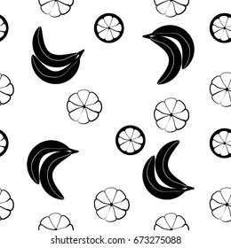 BLACK WHITE SEAMLESS PATTERN WITH BANANS AND ORANGES