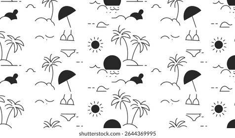 A black and white seamless pattern with beach elements: palm trees, sun, umbrella, bikini and ocean waves.