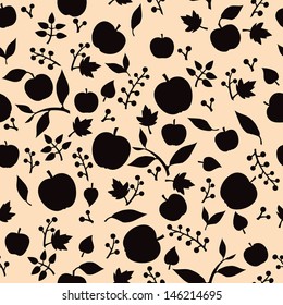 Black and white seamless pattern with berries, apples and leaves. Background made of fruit silhouettes.