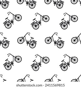 Black and white seamless pattern with bicycle silhouettes.Rhythmic  background or texture for printing on fabric and paper.Transport vehicle with wheels, helm, pedals and seat.Vector illustration.
