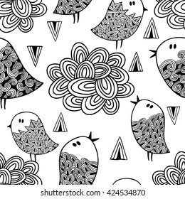 Black and white seamless pattern with birds and clouds. Vector illustration for coloring.