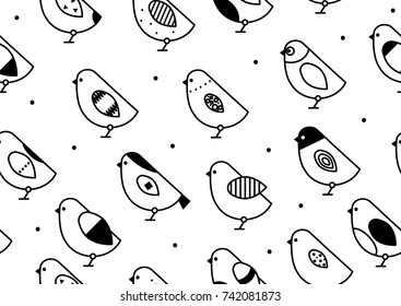 Black and white seamless pattern birds. Background with ornamental birds. Stock vector