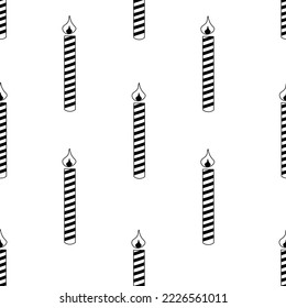 Black and white seamless pattern with birthday candle with fire. Print for wallpaper or bed linen. Outline candle.