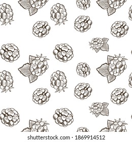 Black and white seamless pattern with blackberries in vintage style