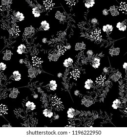 Black and white Seamless pattern ,blooming garden flowers in delicate botanical vector design for fashion,fabric,wallpaper and all prints 