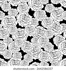 Black white seamless pattern with blossoming roses flower heads. Many outline hand drawn roses, chaotic filling, monochrome colors. Abstract floral vector print for fabric or interior textile.