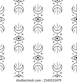 Black and white seamless pattern with boho moon phases, third eye. Celestial wrapping paper.