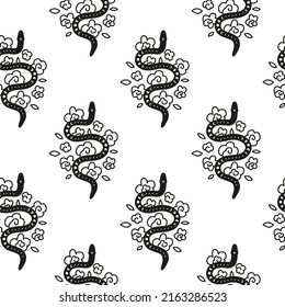 Black and white seamless pattern with boho celestial snakes, small flowers and moon phases.
