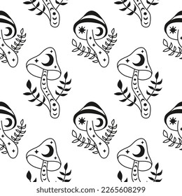 Black and white seamless pattern with boho celestial mushrooms, moon and leafy twigs. Mystical background with funguses.