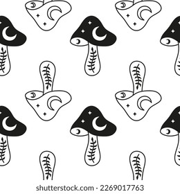 Black and white seamless pattern with boho celestial mushrooms, moon and leafy twigs. Mystical background with funguses.