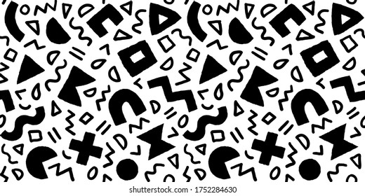 Black and white seamless pattern with bold geometric shapes and brushstrokes. Vector abstract background with modern Scandinavian cut out elements.