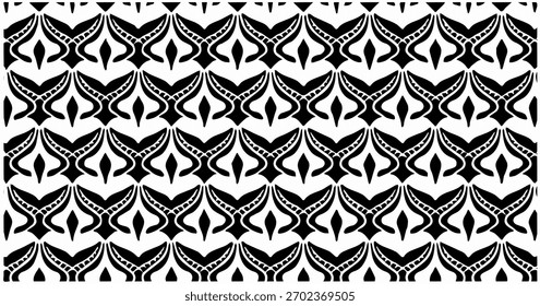 Black and white seamless pattern with bold abstract symmetrical shapes creating a decorative and modern ornamental surface.