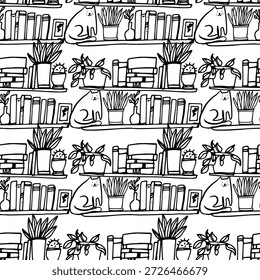 Padrão perfeito em preto e branco com livros, gatos, prateleiras, notebooks e elementos de leitura ilustrados em um estilo desenhado à mão. Fundo de repetição adequado para rastreadores de livros, planejadores, diários, papelaria, projetos de educação, imprimíveis, papéis de parede e projetos temáticos de biblioteca.