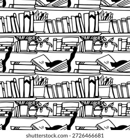 Padrão perfeito em preto e branco com livros, gatos, prateleiras, notebooks e elementos de leitura ilustrados em um estilo desenhado à mão. Fundo de repetição adequado para rastreadores de livros, planejadores, diários, papelaria, projetos de educação, imprimíveis, papéis de parede e projetos temáticos de biblioteca.