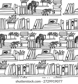 Modelo inconsútil blanco y negro con los libros, las plantas en estilo dibujado a mano. Fondo repetitivo para el seguidor del libro, planificadores, revistas, proyectos de la educación