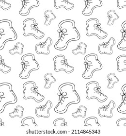 Black and white seamless pattern of boots in a linear minimalist style. Vector repeat texture.