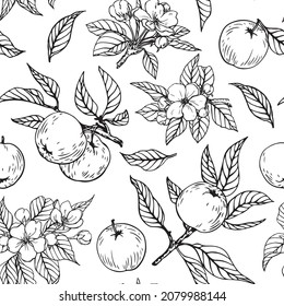 Black and white seamless pattern, branches with fruits and blossoming branches of the apple tree. Hand drawn linear vector illustration. Background for packaging, textile, wallpaper, fabric design.