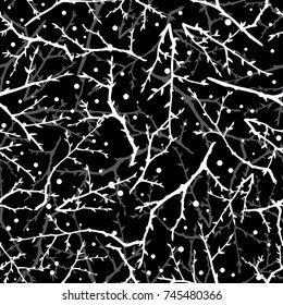 Black and white seamless pattern with branches and snow