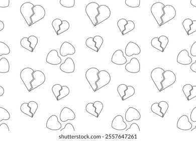 Black and white seamless pattern of broken and whole heart outlines, ideal for coloring pages and crafts.