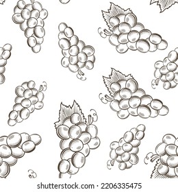 Black and white seamless pattern with bunches of grapes in vintage style