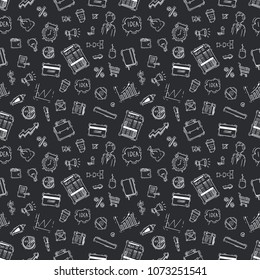 black and white seamless pattern of business icons with doodle style on chalkboard background