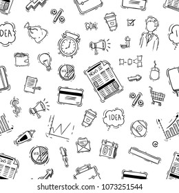 black and white seamless pattern of business icons with doodle style