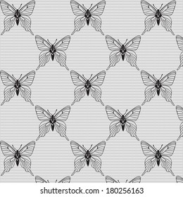 Black and white seamless pattern with butterflies on the voile